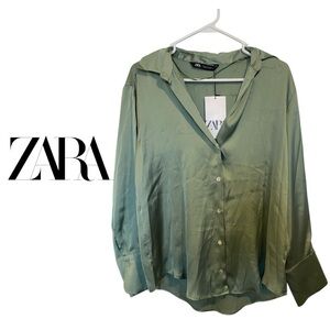 Newww!!! Zara Oversized Olive Green Satin Button up Size Small